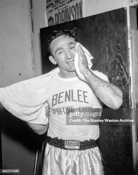 Carmen Basilio training in Alexandria Bay New York, 1957.