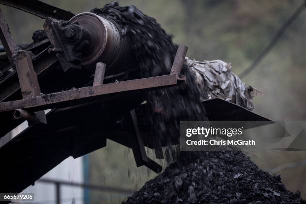 Coal is seen after being brought to the surface at a a small mine on April 5, 2017 in Zonguldak, Turkey. More than 300 kilometers of coal mineÕs...
