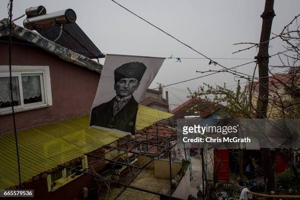 Portrait of Mustafa Kemal Ataturk is seen hanging at a house in the mountains on April 5, 2017 in Zonguldak, Turkey. More than 300 kilometers of coal...
