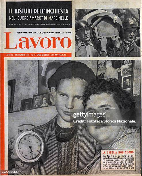 Cover story from the magazine "Lavoro": : Jean Rochet, one of the youngest miners, escaped death by the lucky malfunction of his alarm clock, which...