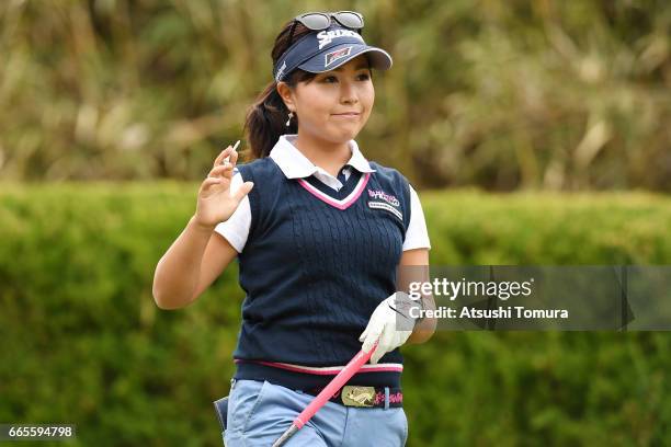 Serena Aoki of Japan reacts during the first round of the Studio Alice Open at the Hanayashiki Golf Club Yokawa Course on April 7, 2017 in Miki,...