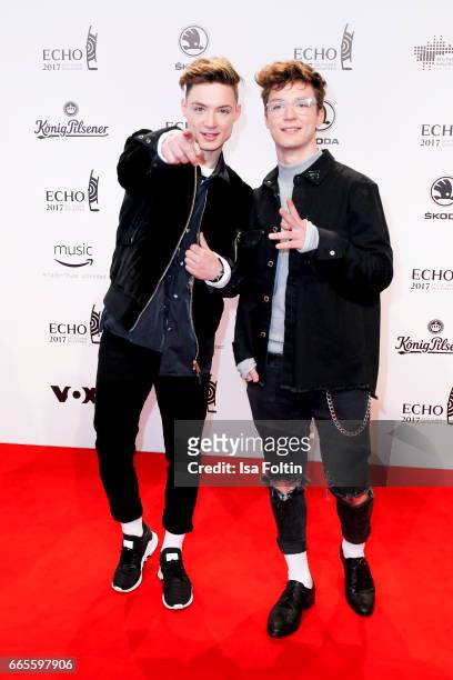German singer Heiko Lochmann and his brother Roman Lochmann during the Echo award red carpet on April 6, 2017 in Berlin, Germany.