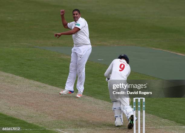 Rory Kleinveldt of Northamptonshire celebrates after taking the wicket of Nick Selman, LBW for a duck during the Specsavers County Championship...