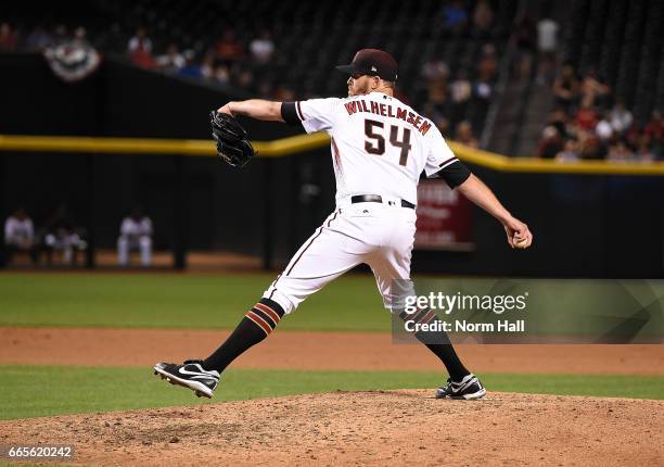 Tom Wilhelmsen of the Arizona Diamondbacks delivers a pitch against the San Francisco Giants at Chase Field on April 5, 2017 in Phoenix, Arizona.