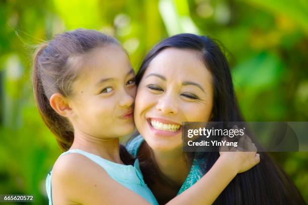 hawaiian polynesian young woman with adolescent daughter children - hawaiian print dress stock pictures, royalty-free photos & images