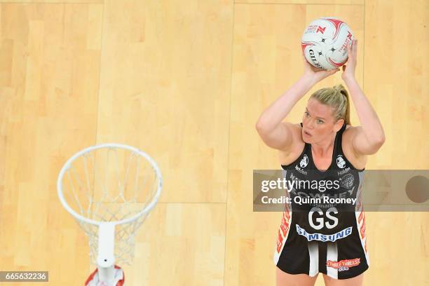 Caitlin Thwaites of the Magpies shoots during the round eight Super Netball match between the Magpies and Fever at Hisense Arena on April 7, 2017 in...