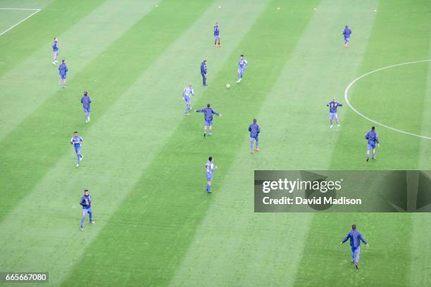 The Honduras team warms up prior to a FIFA 2018 World Cup Qualifier match against the United States on March 24, 2017 at Avaya Stadium in San Jose,...