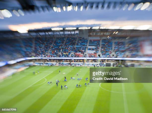 General view of Avaya Stadium shows Honduras warming up before a FIFA 2018 World Cup Qualifier match against the United States on March 24, 2017 at...