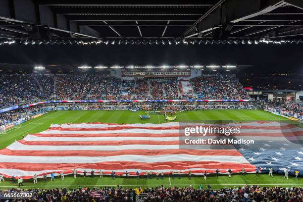 General view of Avaya Stadium with a giant United States flag during pre-match ceremonies at a FIFA 2018 World Cup Qualifier match between the USA...