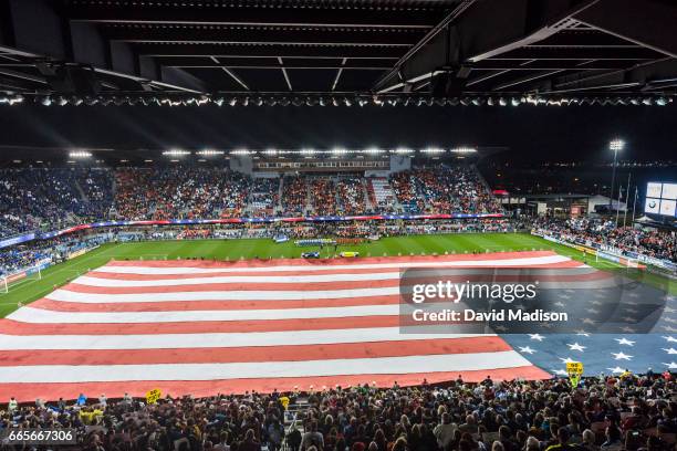 General view of Avaya Stadium with a giant United States flag during pre-match ceremonies at a FIFA 2018 World Cup Qualifier match between the USA...
