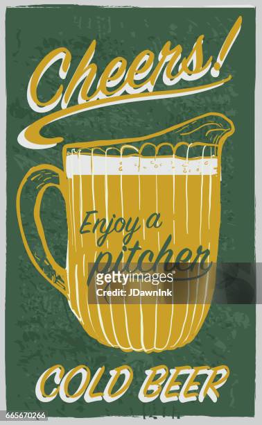 old fashioned sign advertisement with beer pitcher and text - beer advertisement stock illustrations