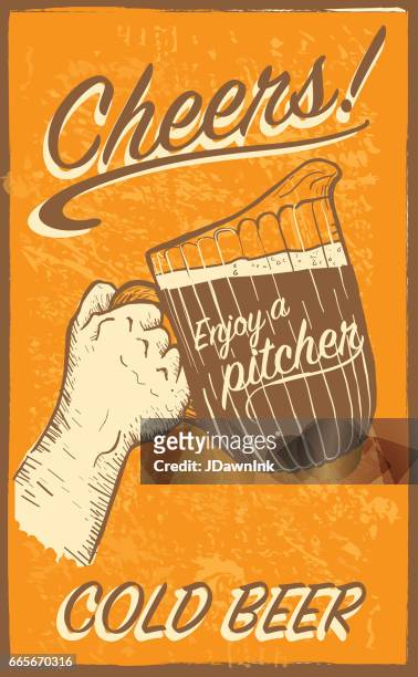 hand holding beer pitcher with text phrases retro poster design - beer advertisement stock illustrations