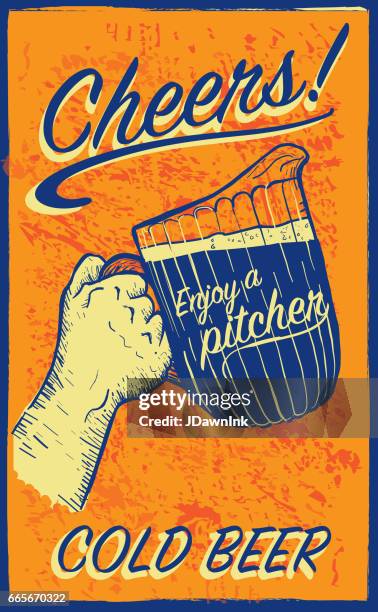 hand holding beer pitcher with text phrases retro poster design - beer pitcher stock illustrations