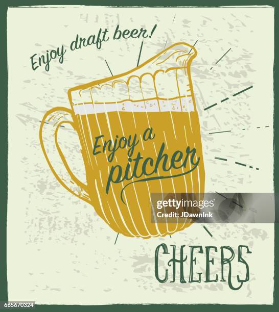 old fashioned sign advertisement with beer pitcher and text - beer pitcher stock illustrations
