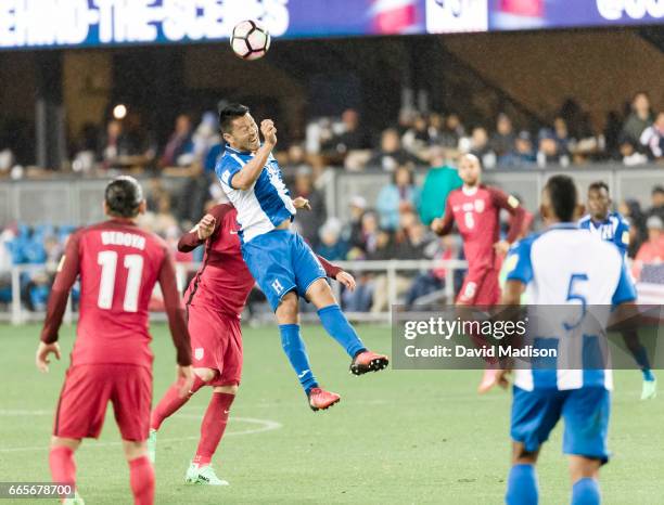 Roger Espinoza of Honduras heads the ball during the FIFA 2018 World Cup Qualifier match between the United States and Honduras on March 24, 2017 at...