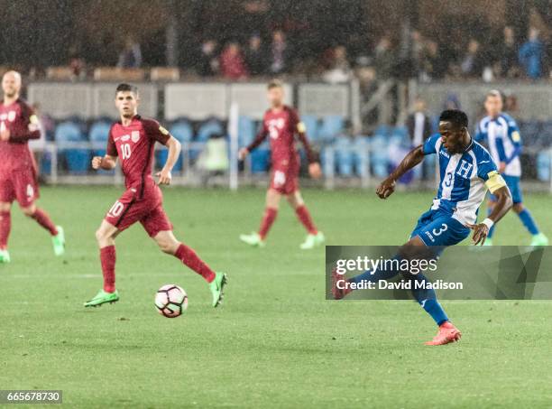 Maynor Figueroa of Honduras passes the ball during a rainy FIFA 2018 World Cup Qualifier match between the United States and Honduras on March 24,...