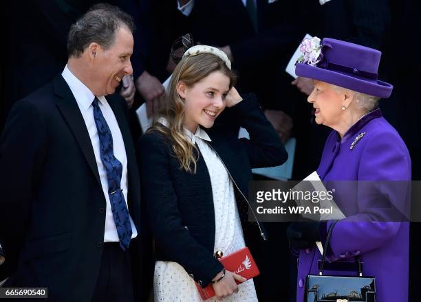 David Armstrong-Jones, Margarita Armstrong-Jones speak to Queen Elizabeth II as they leave a Service of Thanksgiving for the life and work of Lord...