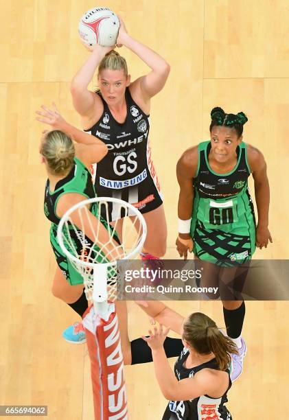 Caitlin Thwaites of the Magpies shoots during the round eight Super Netball match between the Magpies and Fever at Hisense Arena on April 7, 2017 in...