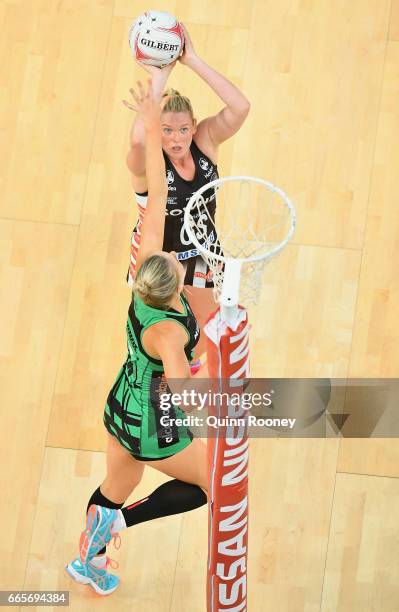 Caitlin Thwaites of the Magpies shoots during the round eight Super Netball match between the Magpies and Fever at Hisense Arena on April 7, 2017 in...
