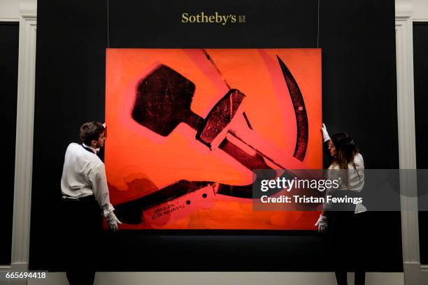 Andy Warhol's 'Hammer and Sickle' , never before seen at auction, goes on view in London at Sotheby's on April 7, 2017 in London, England. The work...