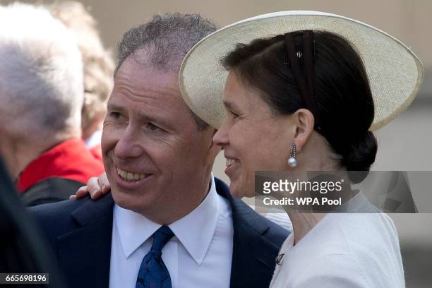 David Armstrong-Jones and his sister Lady Sarah Chatto stand together as they leave a Service of Thanksgiving for the life and work of Lord Snowdon...