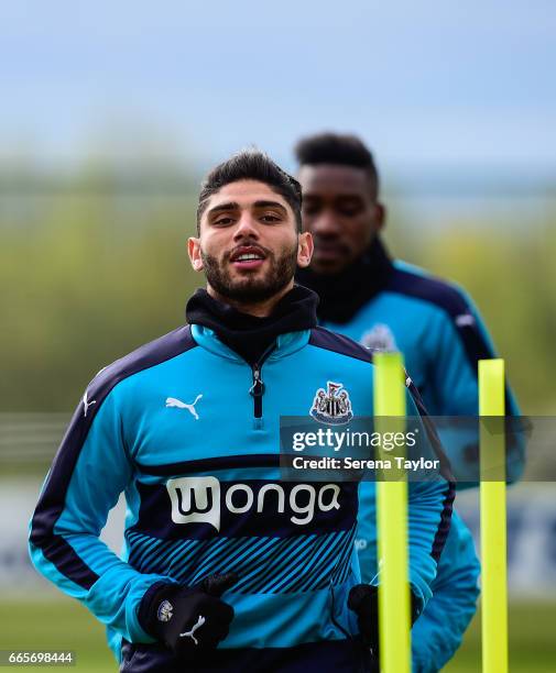 Achraf Lazaar warms up during the Newcastle United Training Session at The Newcastle United Training Centre on April 7, 2017 in Newcastle upon Tyne,...