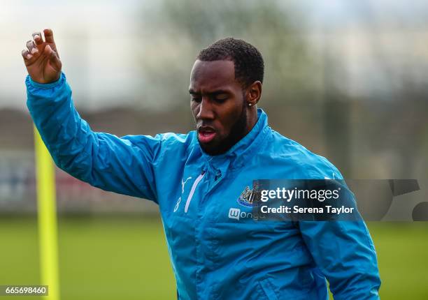 Vurnon Anita warms up during the Newcastle United Training Session at The Newcastle United Training Centre on April 7, 2017 in Newcastle upon Tyne,...