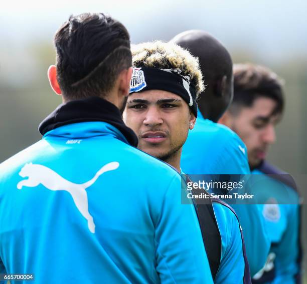 DeAndre Yedlin looks at Achraf Lazaar during the Newcastle United Training Session at The Newcastle United Training Centre on April 7, 2017 in...