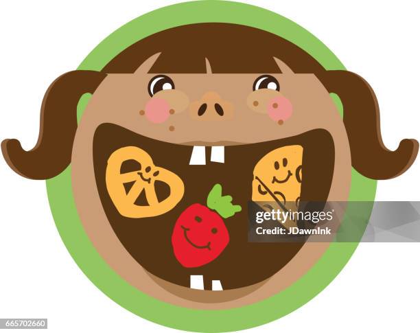happy kids label icon - girl eating cheese stock illustrations
