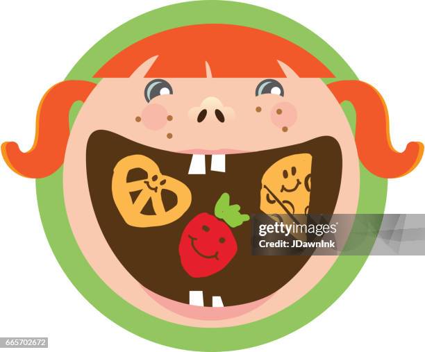 happy kids label icon - girl eating cheese stock illustrations