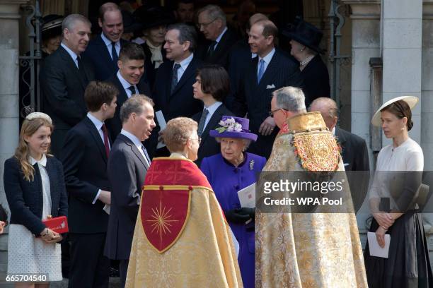 Queen Elizabeth II with Lady Margarita Armstrong-Jones, David Armstrong-Jones, Prince Philip, Duke of Edinburgh and Lady Sarah Chatto leave a Service...