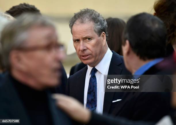 David Armstrong-Jones leaves a Service of Thanksgiving for the life and work of Lord Snowdon at Westminster Abbey on April 7, 2017 in London, United...