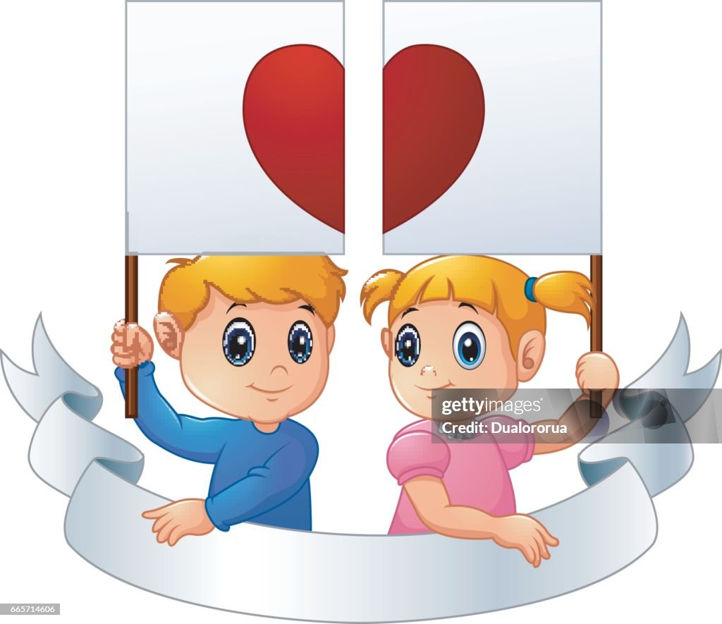 Cartoon kids together holding heart signpost and silver ribbon