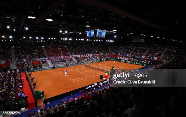 General view during the singles match between Lucas Pouille of France and Kyle Edmund of Great Britain on day one of the Davis Cup World Group...