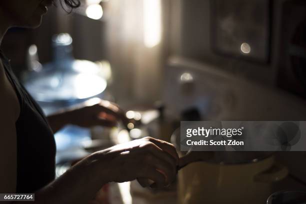 woman cooking at stove - scott zdon stock-fotos und bilder