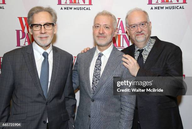 Michael Korie, Scott Frankel and Doug Wright attend the Broadway opening night after party for 'War Paint' at Gotham Hall on April 6, 2017 in New...