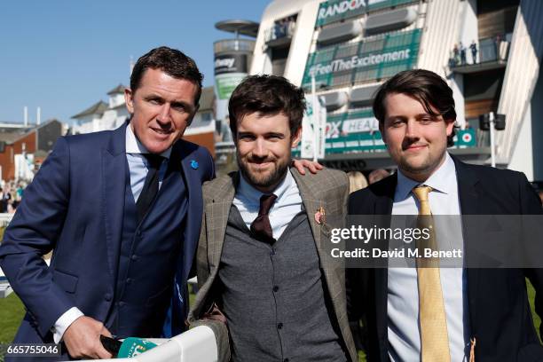 Jack Whitehall poses with former Jockey AP McCoy and his brother Barnaby on Ladies Day at The 2017 Randox Health Grand National Festival with The...