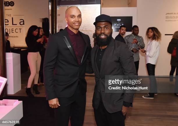 Artist Kadir Nelson and Derrick Adams attends HBO's The HeLa Project Exhibit For "The Immortal Life of Henrietta Lacks" on April 6, 2017 in New York...