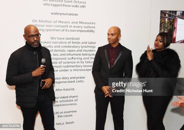Lewis Long, Kadir Nelson and Jazmine Sullivan attend HBO's The HeLa Project Exhibit For "The Immortal Life of Henrietta Lacks" on April 6, 2017 in...