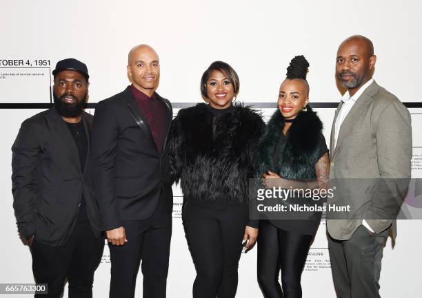 Derrick Adams, Kadir Nelson, Jazmine Sullivan, Doreen Garner and Lewis Long attends HBO's The HeLa Project Exhibit For "The Immortal Life of...