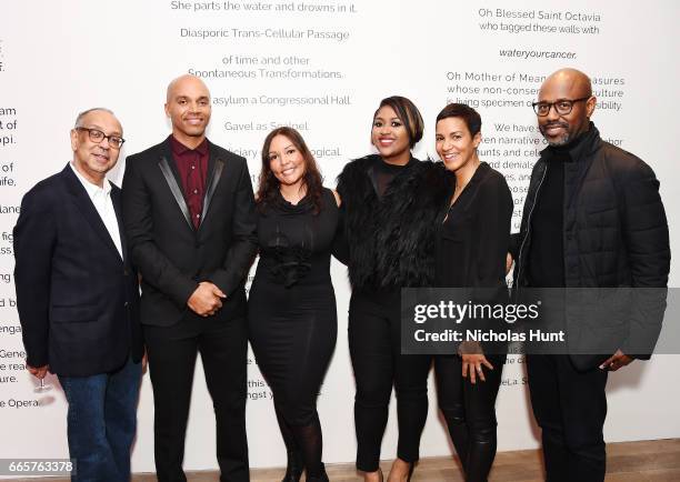 George Wolfe, Kadir Nelson, Lucinda Martinez, Jazmine Sullivan, Jackie Gagne and Lewis Long attends HBO's The HeLa Project Exhibit For "The Immortal...