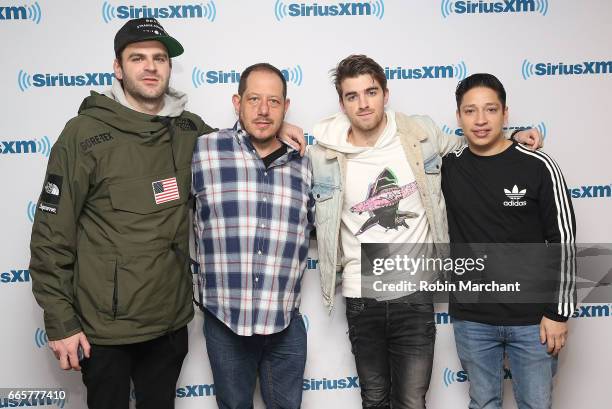 Alex Pall and Andrew Taggart of DJ/producer duo The Chainsmokers visit at SiriusXM Studios with SiriusXM's Geronimo and Dre Nieto on April 7, 2017 in...
