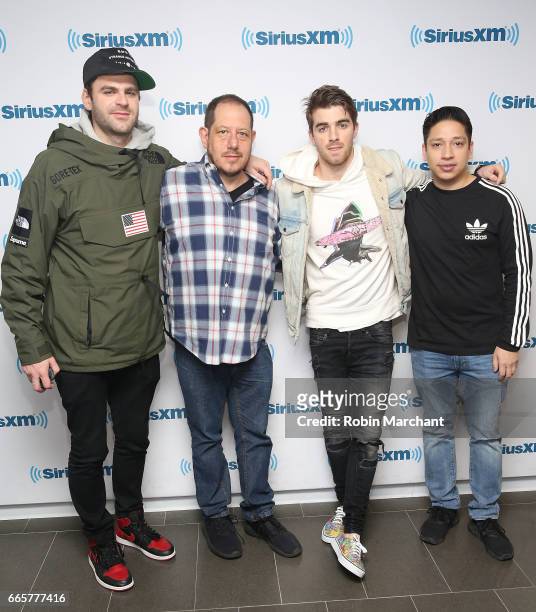 Alex Pall and Andrew Taggart of DJ/producer duo The Chainsmokers visit at SiriusXM Studios with SiriusXM's Geronimo and Dre Nieto on April 7, 2017 in...