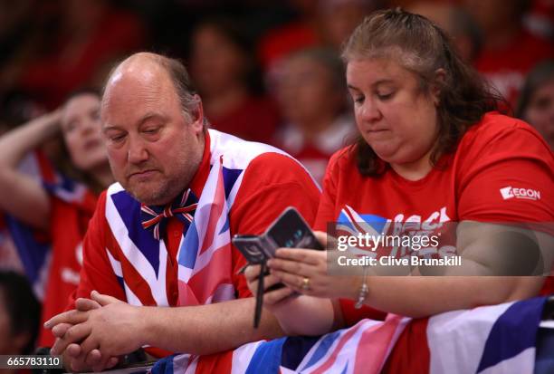 Great Britain fans look on during day one of the Davis Cup World Group Quarter-Final between France and Great Britain at Kindarena on April 7, 2017...