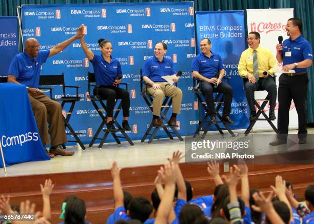 McALLEN, TX NBA legend Bob Lanier, left, and WNBA legend Allison Feaster high-five each other as executives from BBVA Compass laugh on stage at...