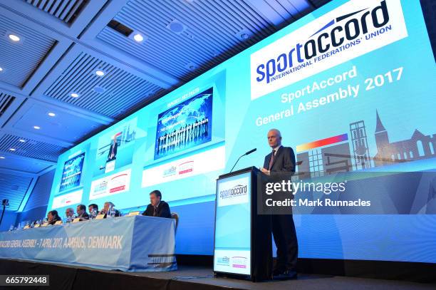 SportAccord Convention Managing Director Nis Hatt addresses delegates at the SportAccord General Assembly during the sixth day of SportAccord...