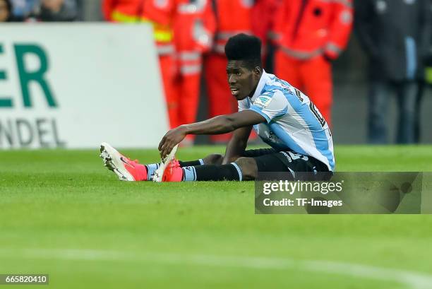 Lumor Agbenyenu of1860 Muenchen on the ground during the Second Bundesliga match between TSV 1860 Muenchen and VfB Stuttgart at Allianz Arena on...