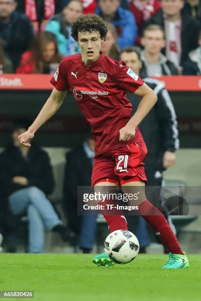 Benjamin Pavard of Stuttgart controls the ball during the Second Bundesliga match between TSV 1860 Muenchen and VfB Stuttgart at Allianz Arena on...