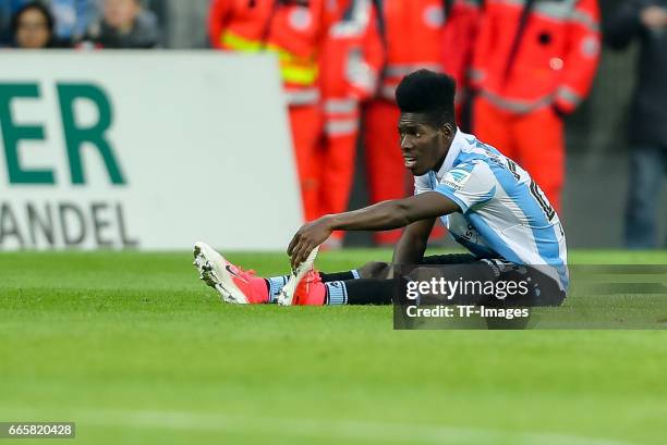 Lumor Agbenyenu of1860 Muenchen on the ground during the Second Bundesliga match between TSV 1860 Muenchen and VfB Stuttgart at Allianz Arena on...