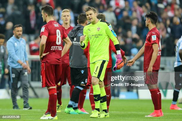 Anto Grgic of Stuttgart and Goalkeeper Mitchell Langerak of Stuttgart looks on during the Second Bundesliga match between TSV 1860 Muenchen and VfB...